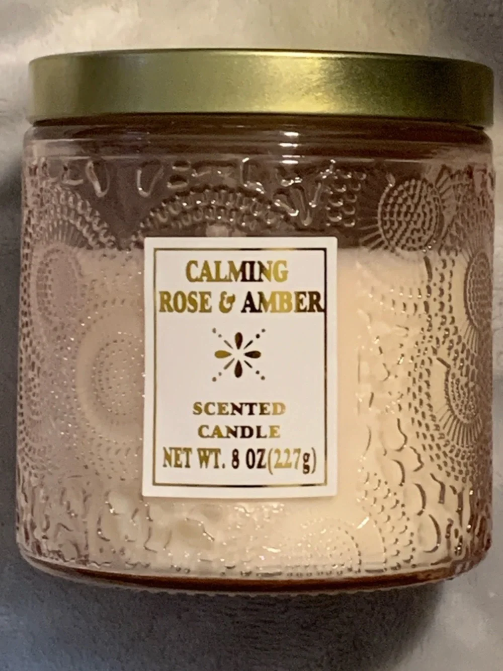 Calming Rose & Amber Scented Candle - Glass Jar with Gold Tone Lid